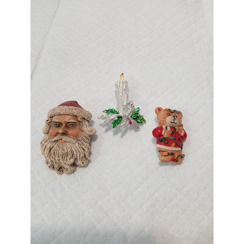 VTG CHRISTMAS BROOCH SET OF 3 SANTA, CANDLE, BEAR